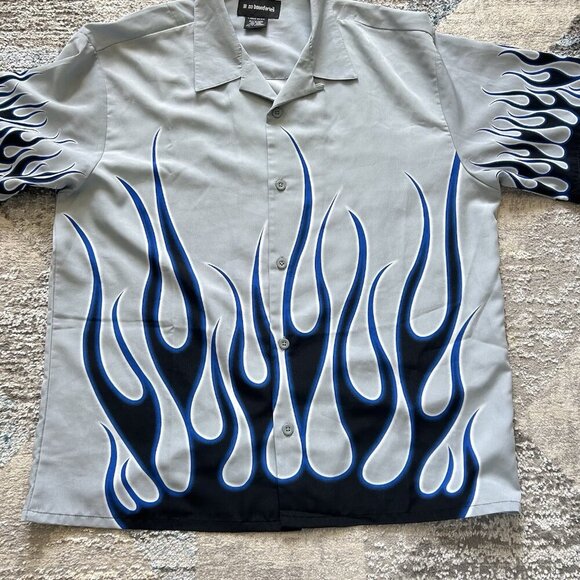 Vintage No Boundaries Blue Flames Button Up Shirt Black Mens Large L Y2K 90s - Picture 7 of 8